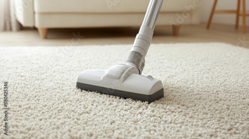 Close up view of a vacuum cleaner cleaning and freshening up a carpeted living room floor as part of a seasonal home cleaning routine