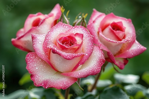 Close-up of pink roses with dew drops. photo