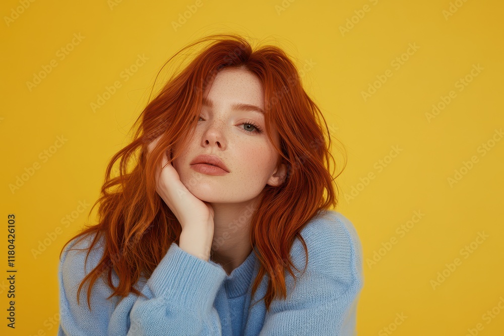 Fototapeta premium Image of a young cheerful woman with red hair in a blue pullover touching her chin lost in thought against a yellow background
