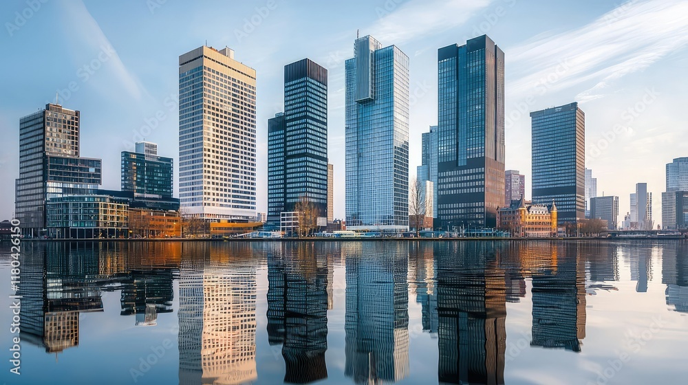 Obraz premium Modern Urban Skyline Reflection on Water at Sunset in City
