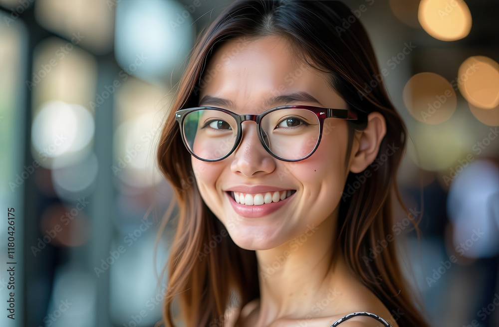 Happy asian woman in optical pink glasses on blurred background. Portrait of businesswoman. Woman with poor eyesight in glasses. in optics.Secretary. Manager. Director Happy asian woman in optical pink glasses on blurred background. Portrait of businesswoman. Woman with poor eyesight in glasses. in optics.Secretary. Manager. Director