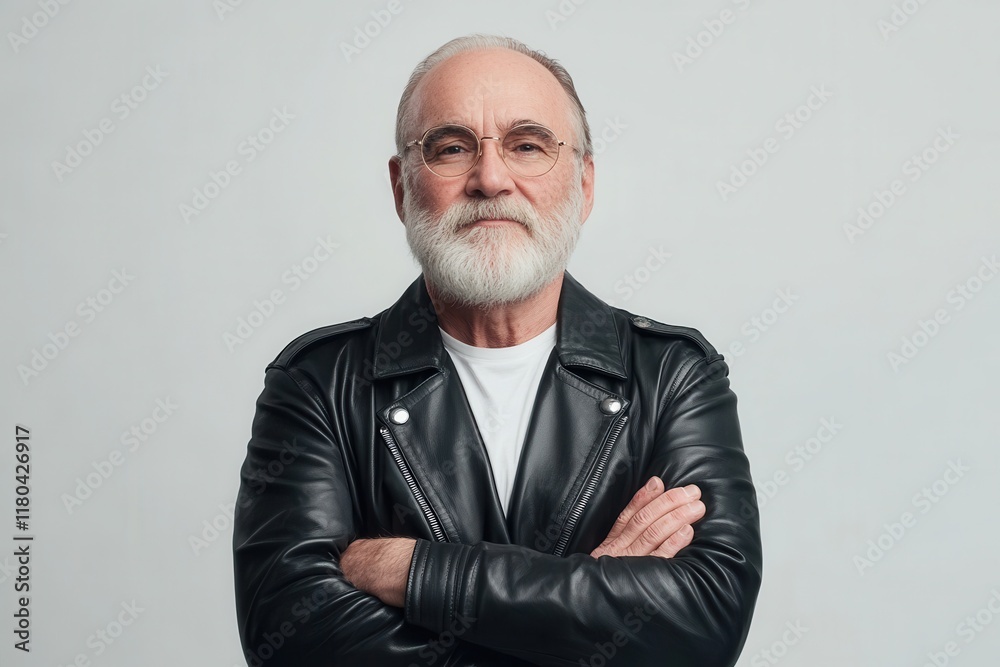Self assured elderly man with a beard in a leather jacket gazing at the camera on a white backdrop Self assured elderly man with a beard in a leather jacket gazing at the camera on a white backdrop