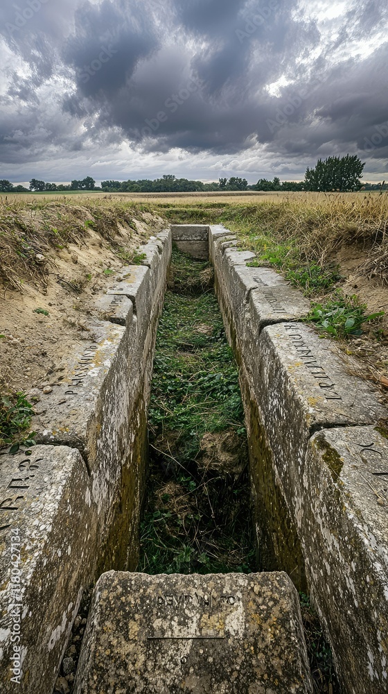 Historic Trench Surrounded by Green Fields Under Dramatic Sky Historic Trench Surrounded by Green Fields Under Dramatic Sky