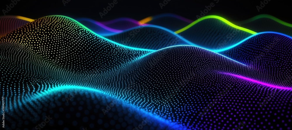 Abstract digital landscape of vibrant neon lights forming undulating waves on a black background. Ideal for futuristic, technology, or modern art themes.