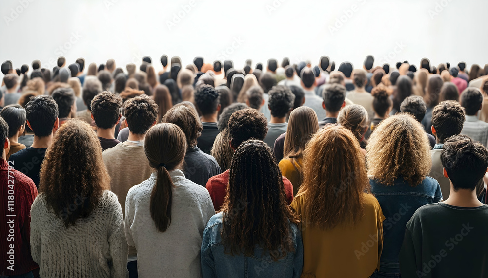A large crowd of people standing closely together viewed from behind, with a diverse range of clothing and hairstyles visible against a transparent, isolated background