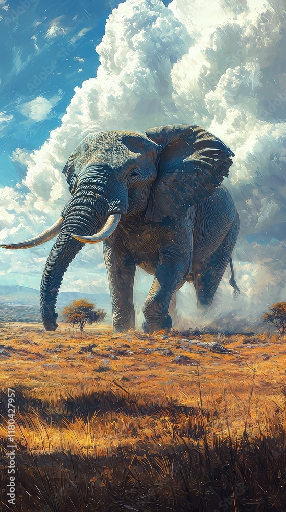 Fototapeta premium Majestic Elephant Walking Through Golden Grass Under Blue Sky