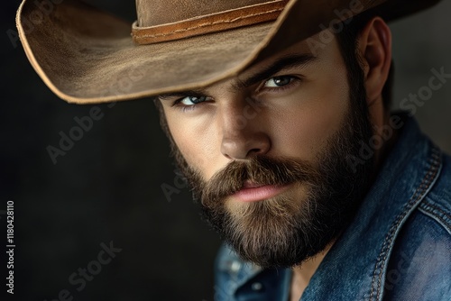 U S cowboy Leather hat Young man portrait Hat wearing cowboys Attractive bearded man photo