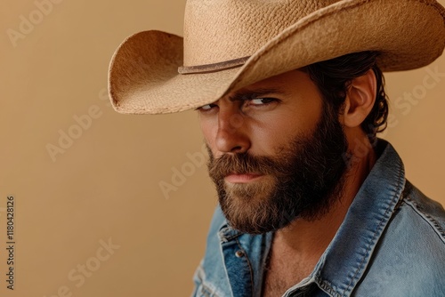 U S rancher Ideal of manliness Hat clad rough looking cowboy on neutral backdrop Rugged attractive man with beard photo