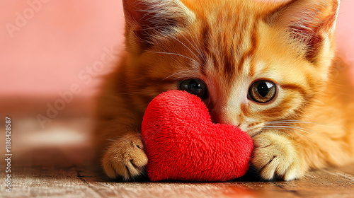 Heartwarming moment of a playful kitten holding a soft red heart toy against a dreamy backdrop of glowing lights photo