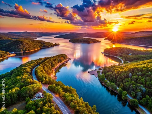 Stunning Aerial Bokeh View of Bull Shoals Lake, Branson, Missouri - Breathtaking Landscape Photography photo