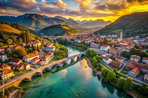 Stunning Aerial View of Konjic, Bosnia and Herzegovina: Neretva River and Bridge photo