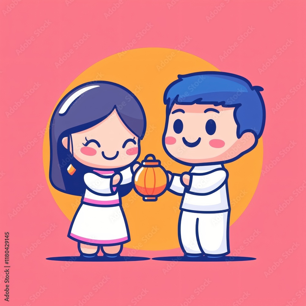 Happy Couple Sharing Lantern Festive Cheerful Cartoon Illustration Happy Couple Sharing Lantern Festive Cheerful Cartoon Illustration
