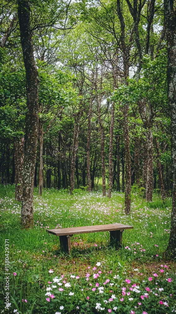 Serene Forest Scene with Wooden Bench Surrounded by Wildflowers Serene Forest Scene with Wooden Bench Surrounded by Wildflowers