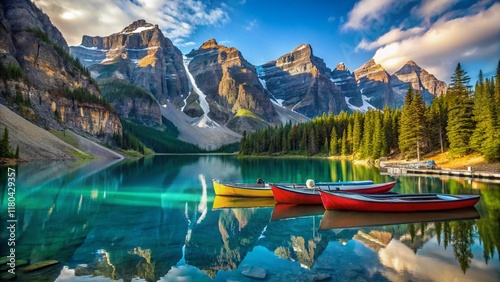 Stunning Candid Photo of Canoes on Turquoise Morain Lake, Banff National Park, Canada photo