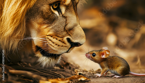 A lion and a mouse are gazing intently at one another in curiosity