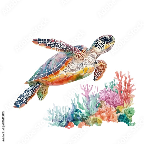 A watercolor painting of a sea turtle swimming in the ocean, isolated on a white background. Sea turtle vector.
