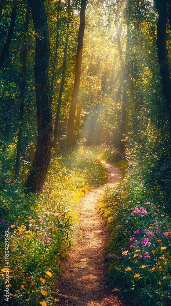 Obraz premium Serene Forest Pathway Illuminated by Sunlight and Wildflowers