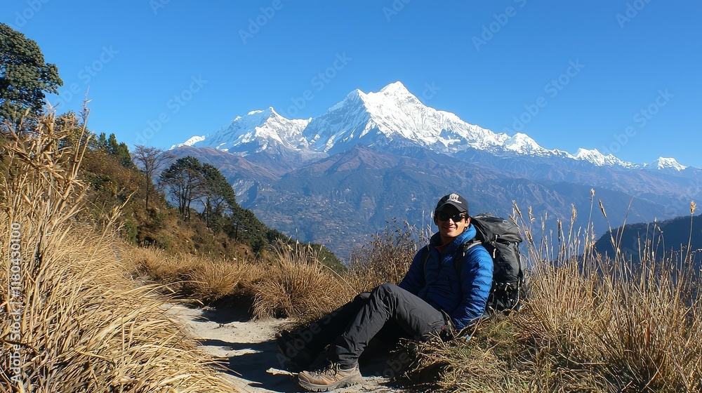 Hiker Enjoys Scenic View of Snow-Capped Mountains on a Trail Hiker Enjoys Scenic View of Snow-Capped Mountains on a Trail