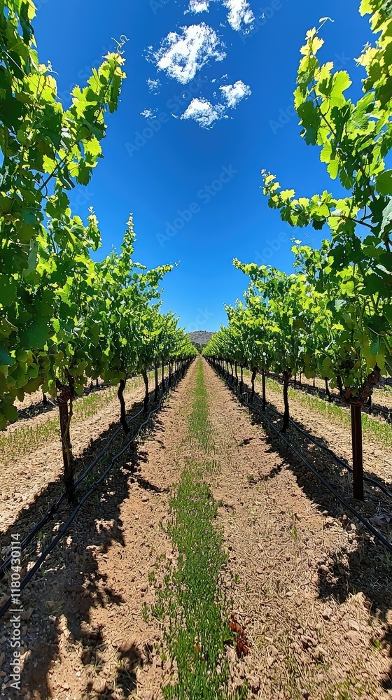 Lush Vineyard Rows with Bright Blue Sky and Fluffy Clouds Lush Vineyard Rows with Bright Blue Sky and Fluffy Clouds