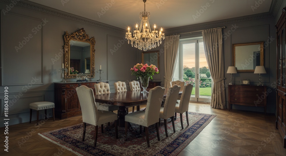 Fototapeta premium Elegant dining room with chandelier and antique furniture overlooking garden