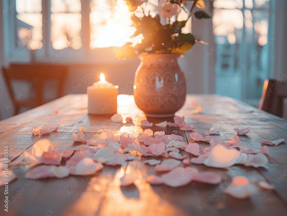 Candlelit table with pink rose petals and a vase at sunset. Candlelit table with pink rose petals and a vase at sunset.