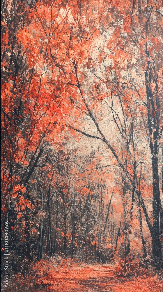Vibrant Autumn Forest Scene with Red and Orange Leaves Vibrant Autumn Forest Scene with Red and Orange Leaves
