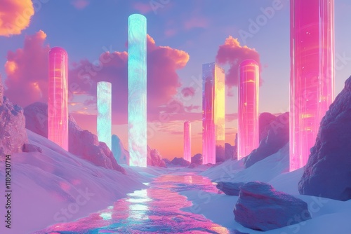 Glowing Pillars in a Pastel Dreamlike Landscape