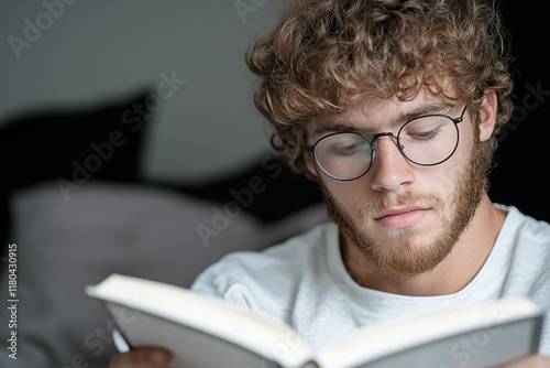 young adult male with beard and curly red hair reading a hardcover book with a dark background with space for copy