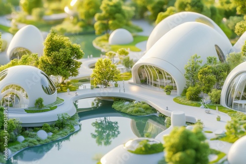 Futuristic eco city design showcasing sustainable architecture and green spaces #1180430934