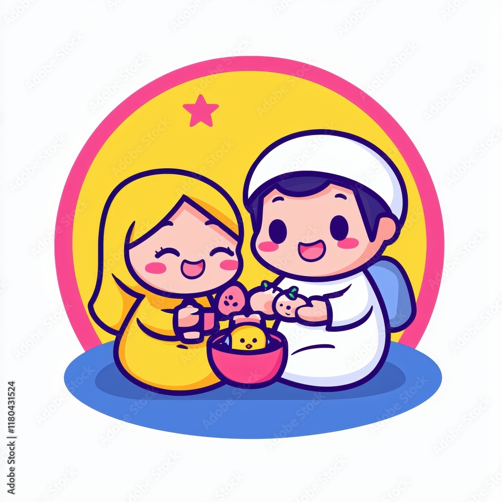 Adorable Muslim Children Sharing Sweet Treats Happy Festive Celebration Adorable Muslim Children Sharing Sweet Treats Happy Festive Celebration