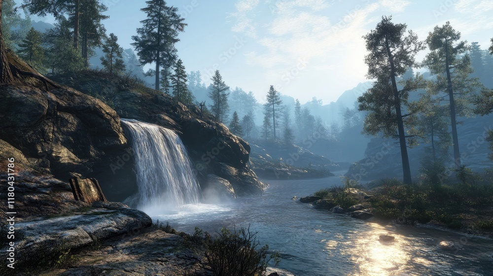 A cascading waterfall flowing into a quiet forest stream, with misty morning fog blanketing the area. A cascading waterfall flowing into a quiet forest stream, with misty morning fog blanketing the area.