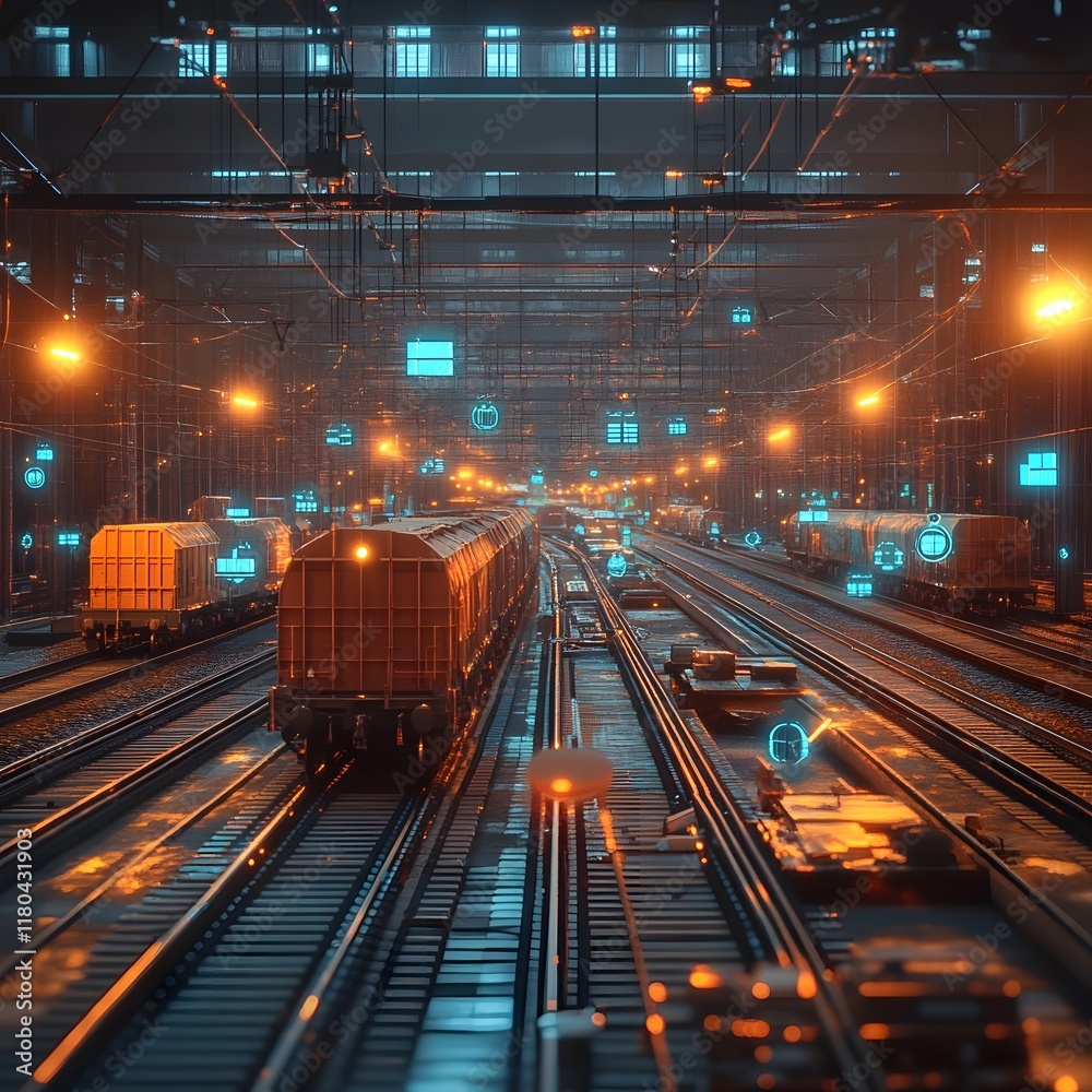 Fototapeta premium Futuristic Urban Train Yard with Glowing Cargo Tracks and Signal Lights