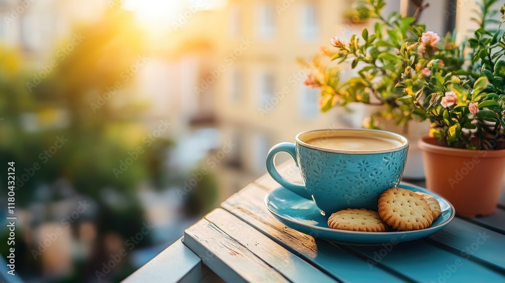 A ceramic coffee cup with cookies on a saucer, set on a balcony table with morning sunshine. A ceramic coffee cup with cookies on a saucer, set on a balcony table with morning sunshine.