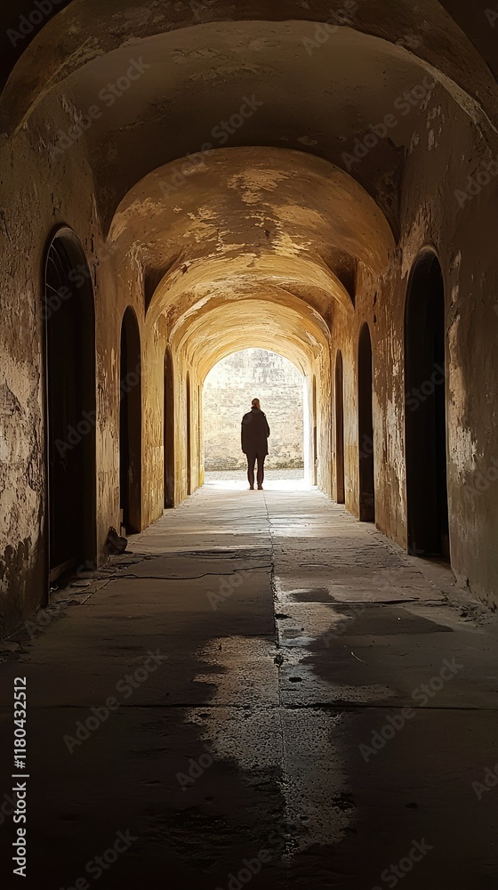 Figure Standing in Long Abandoned Hallway with Arched Ceiling Figure Standing in Long Abandoned Hallway with Arched Ceiling