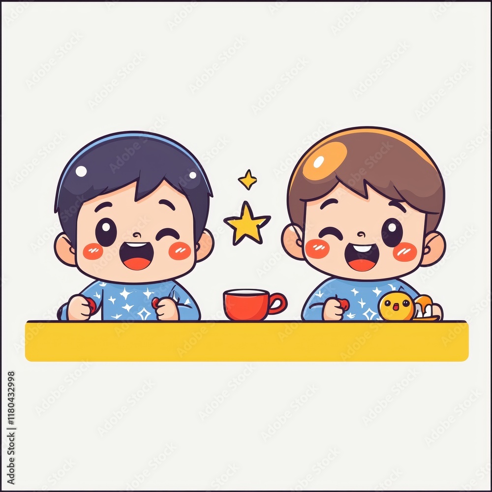 Happy Kids Enjoying Tea Time Together Cute Cartoon Illustration Happy Kids Enjoying Tea Time Together Cute Cartoon Illustration