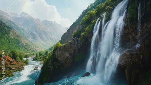 Majestic Waterfall Cascading Down Rocky Terrain Surrounded by Nature