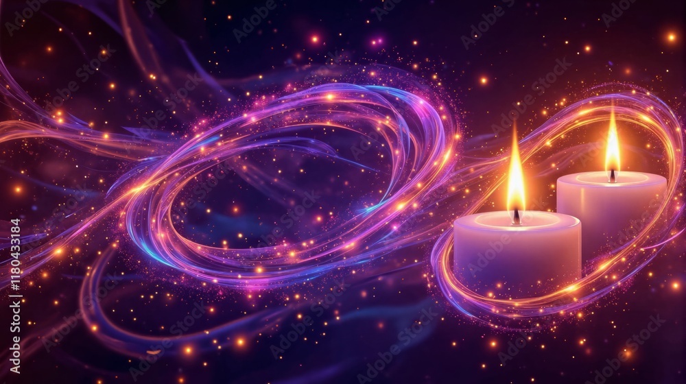 Obraz premium Two candles glowing softly amidst swirling light trails and sparkling effects on a dark background