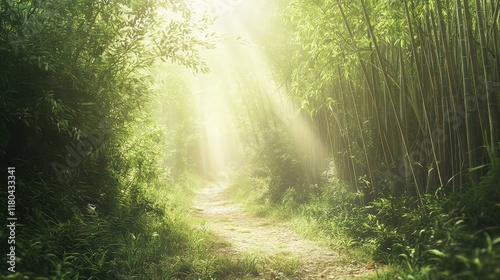 Serene Forest Pathway Illuminated by Soft Sunbeams and Greenery