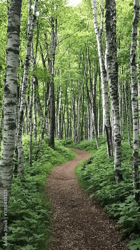Fototapeta premium Serene Pathway Through Verdant Birch Forest with Lush Green Foliage
