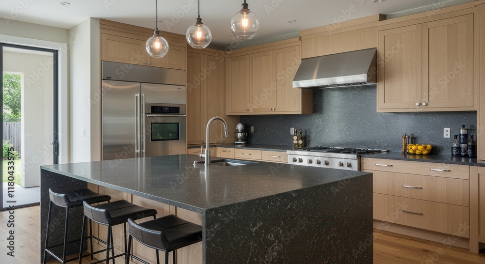 Fototapeta premium Modern kitchen design with wood cabinets and black granite island