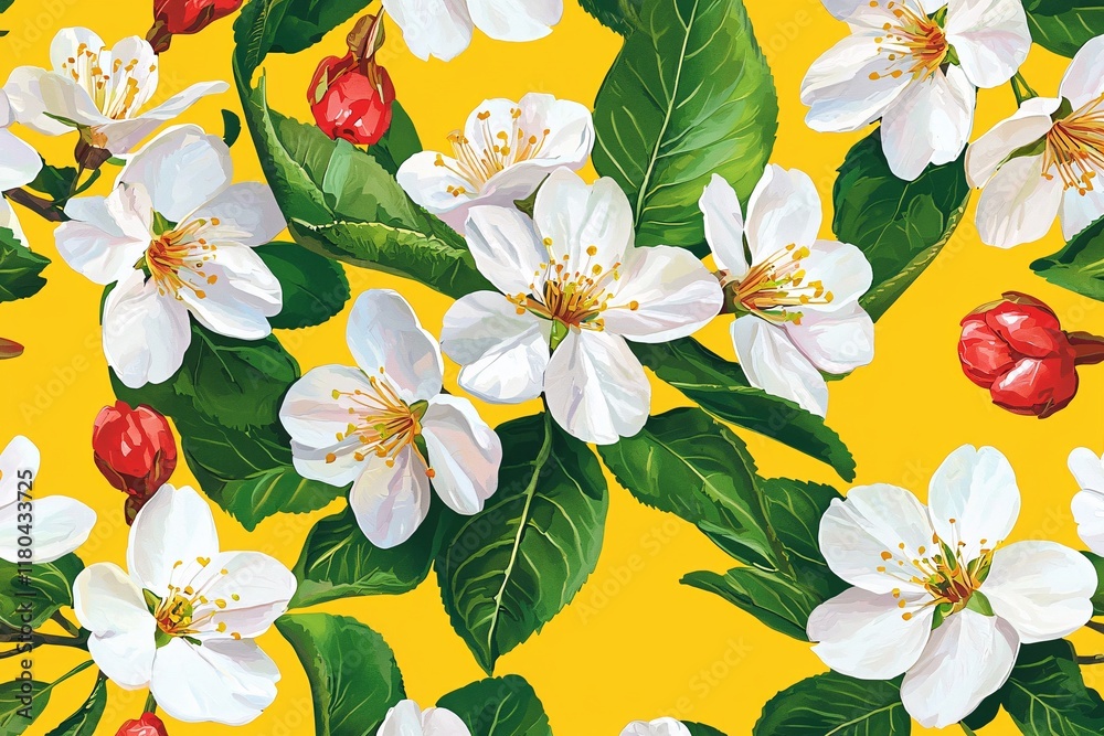 Obraz premium Vibrant White Blossoms and Lush Green Leaves on Yellow Background Seamless Floral Pattern