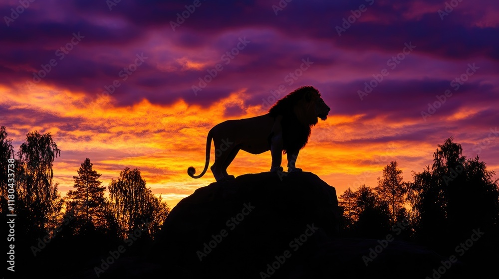 A lion's silhouette on a rock against a sky ablaze with orange and purple hues at sunset in a forest. A lion's silhouette on a rock against a sky ablaze with orange and purple hues at sunset in a forest.