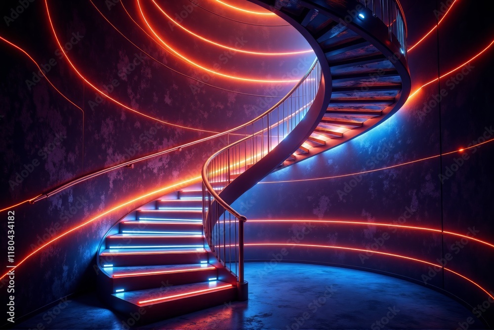 Obraz premium Neon-lit spiral staircase winding upwards, illuminated by dynamic light lines in a dark setting