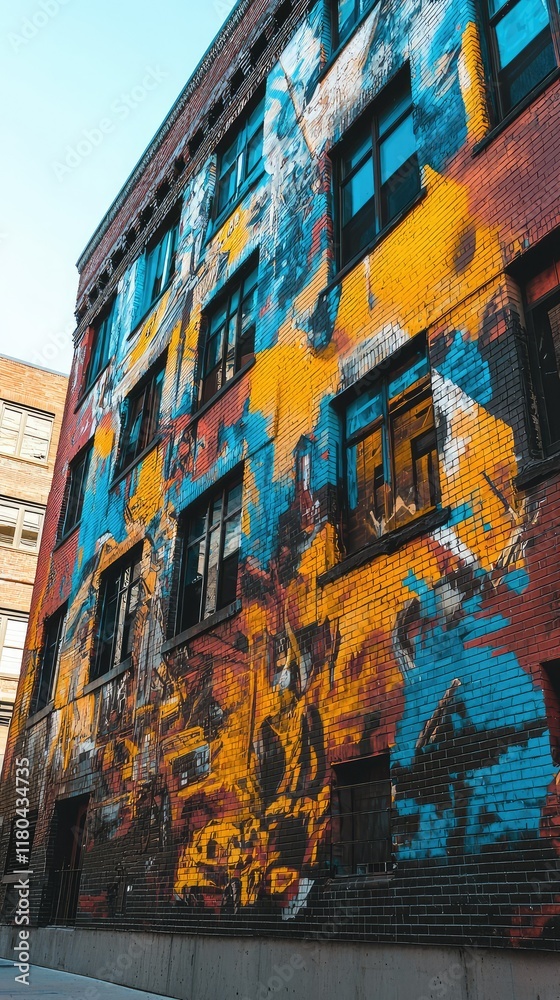 Fototapeta premium Vibrant Urban Mural on Brick Wall in City Alleyway Setting