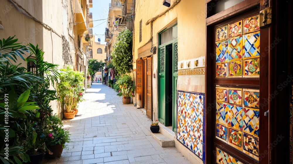 Fototapeta premium Colorful Alleyway with Decorative Doors and Plants in a Historic Mediterranean City