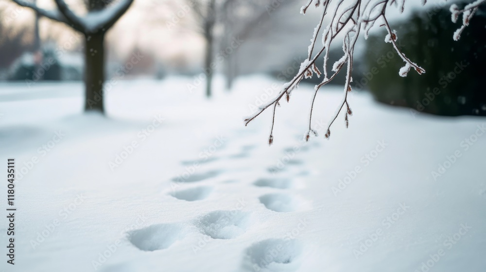 Branches heavy with snow frame footprints leading into the serene, untouched expanse of a winter landscape.