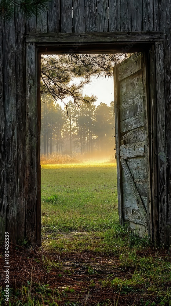 Obraz premium Sunlit Open Doorway Overlooking Serene Natural Landscape at Dawn