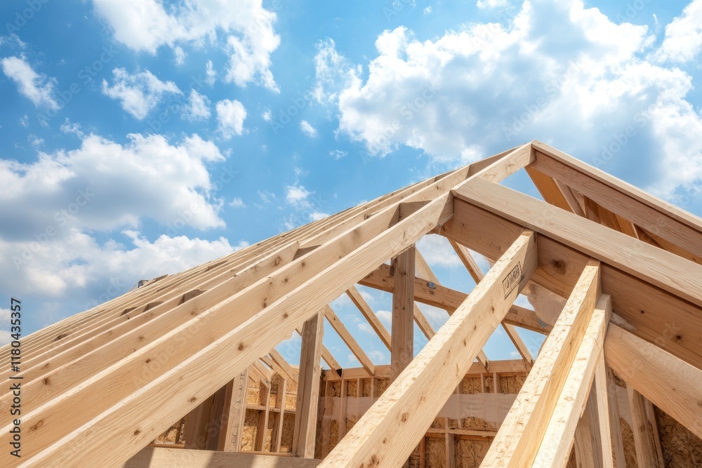 Obraz premium Wooden roof framework against blue sky with clouds
