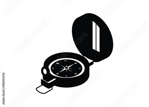 Navigation compass in isometric view. Simple illustration in black and white.