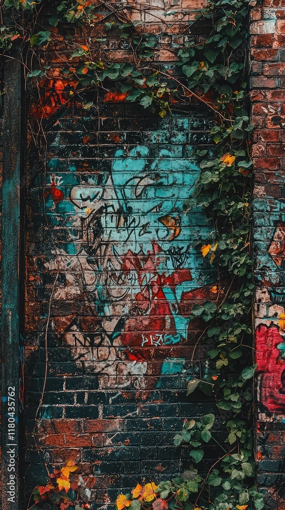 Obraz premium Vibrant Urban Graffiti with Overgrown Greenery on Brick Wall